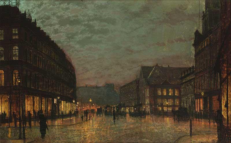 John Atkinson Grimshaw Boar Lane, Leeds, by lamplight. Signed and dated 'Atkinson Grimshaw 1881+' (lower right) signed and inscribed with title on reverse France oil painting art